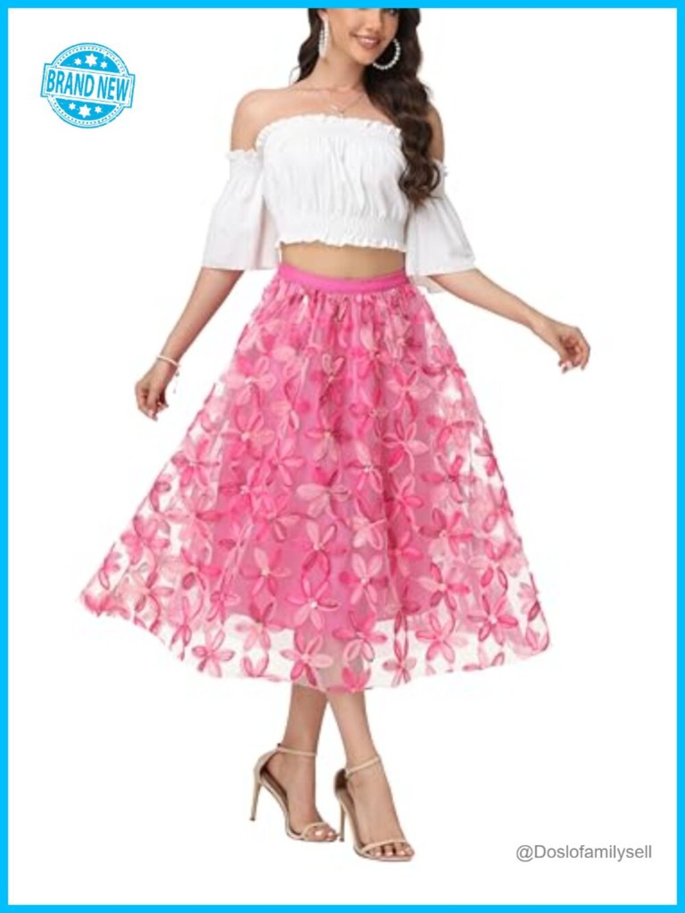 Womens Midi Tulle Skirt 3D Floral Embroidery A-Line High Waist Formal